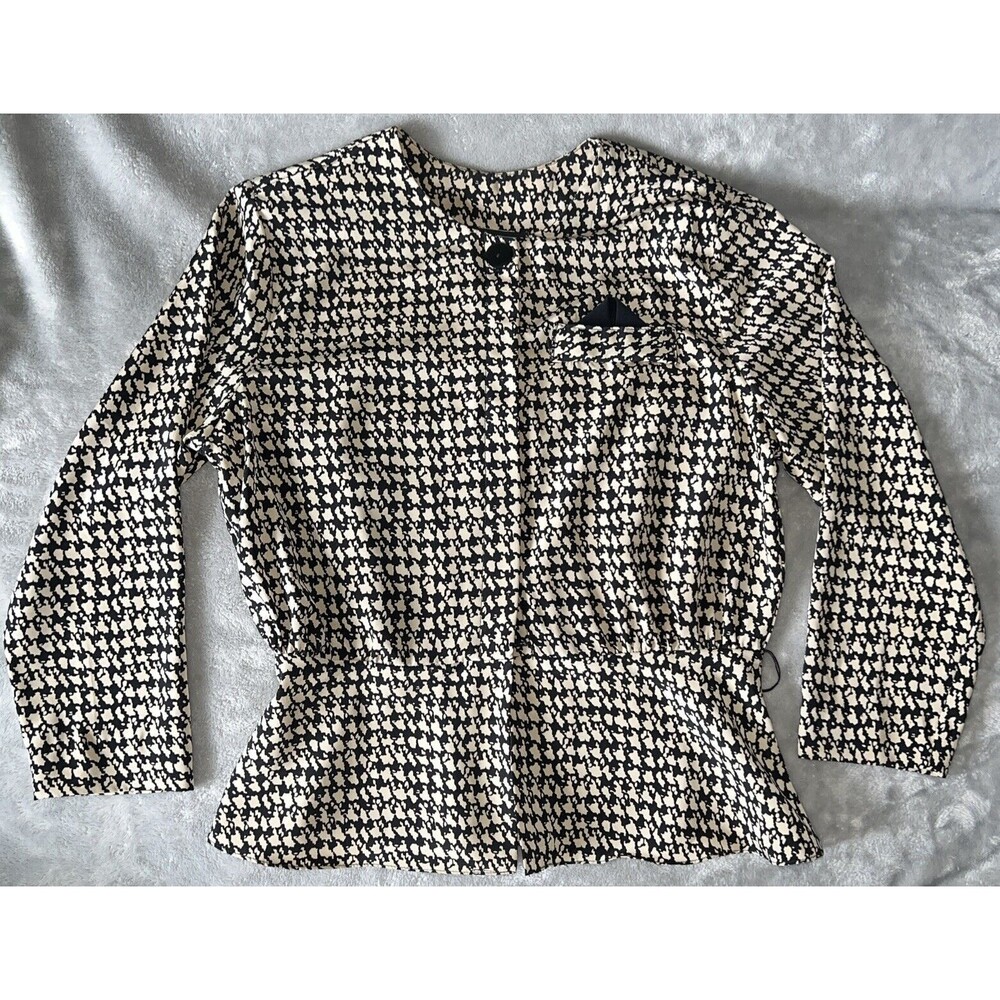Items Vintage 70s Womens 12 Satin Button Up Blouse Beige & Black USA Made